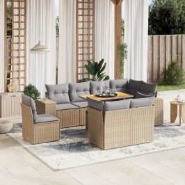 Set de sofás de jardín 9 pzas con cojines ratán sintético beige