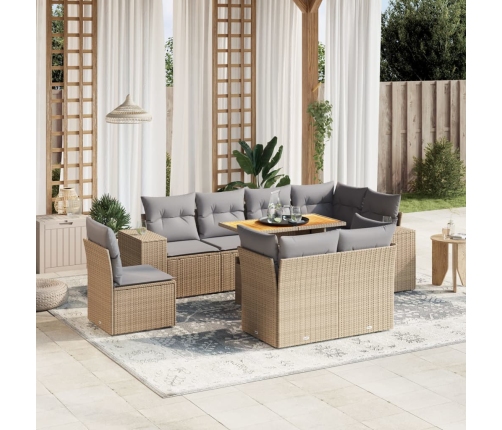 Set de sofás de jardín 9 pzas con cojines ratán sintético beige
