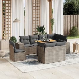 Set de muebles de jardín 9 pzas y cojines ratán sintético gris