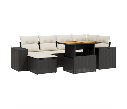 Set de comedor de jardín 7 pzas y cojines ratán sintético negro