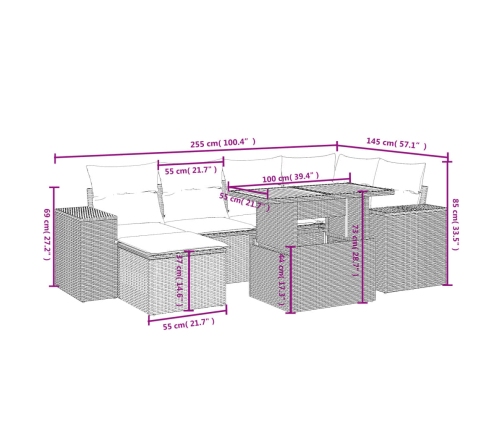 Set de comedor de jardín 7 pzas y cojines ratán sintético negro