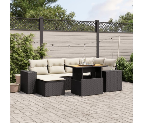 Set de comedor de jardín 7 pzas y cojines ratán sintético negro