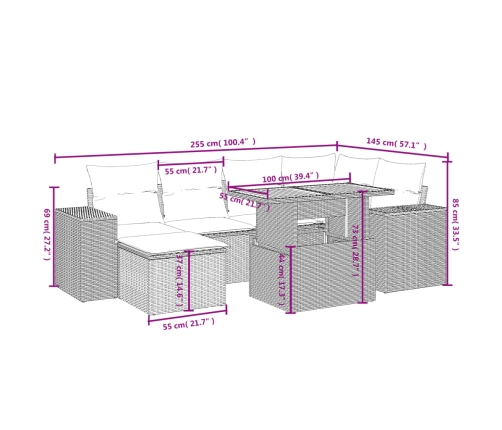 Set sofás de jardín 7 piezas y cojines ratán sintético beige