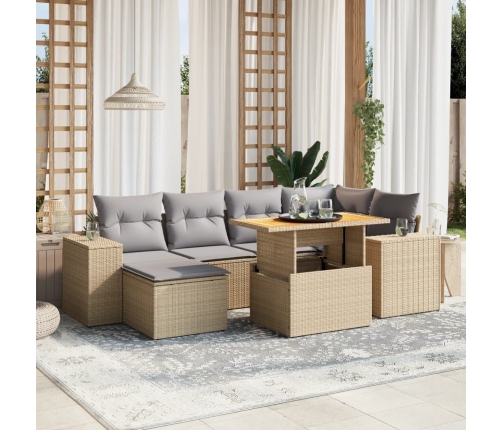 Set sofás de jardín 7 piezas y cojines ratán sintético beige
