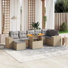 Juego de sofás de jardín con cojines beige 8 pzas ratán PE