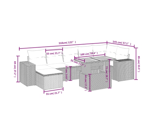 Set de sofás de jardín 8 pzas y cojines ratán sintético gris
