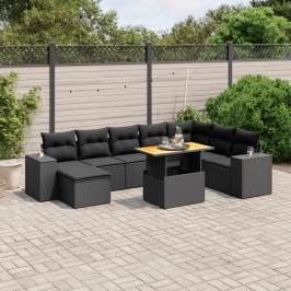 Set de sofás de jardín 8 piezas y cojines ratán sintético negro