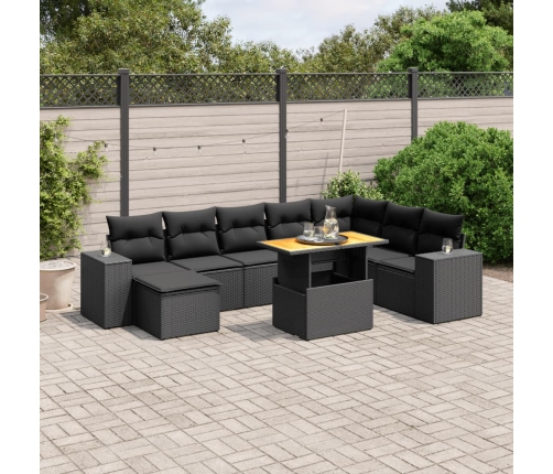 Set de sofás de jardín 8 piezas y cojines ratán sintético negro