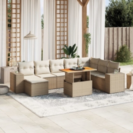 Set de sofás de jardín 9 pzas con cojines ratán sintético beige