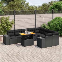 Set de sofás de jardín 10 pzas cojines ratán sintético negro