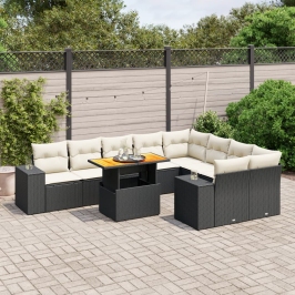 Set de sofás de jardín 10 pzas cojines ratán sintético negro
