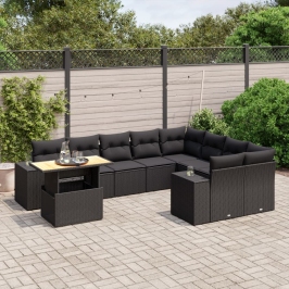 Set de sofás de jardín 10 pzas cojines ratán sintético negro