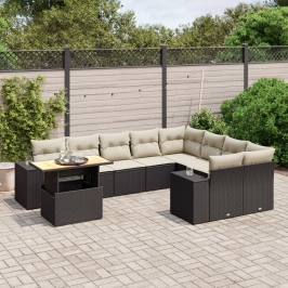 Set de sofás de jardín 10 pzas cojines ratán sintético negro