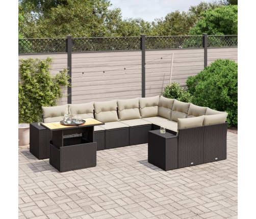 Set de sofás de jardín 10 pzas cojines ratán sintético negro