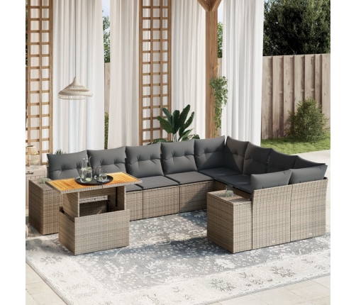 Set de sofás de jardín 10 pzas con cojines ratán sintético gris