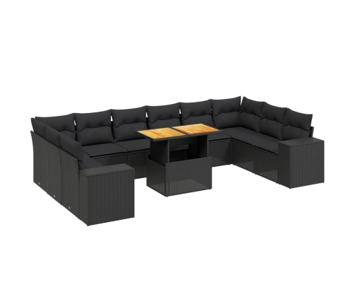 Set de sofás de jardín 11 pzas y cojines ratán sintético negro