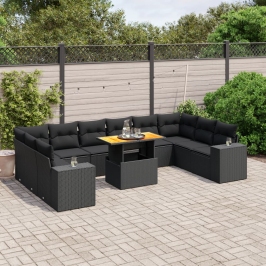 Set de sofás de jardín 11 pzas y cojines ratán sintético negro