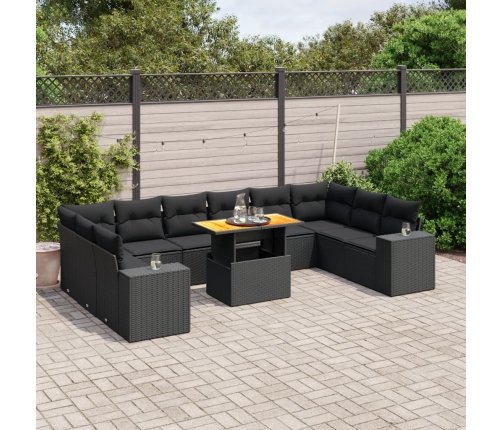 Set de sofás de jardín 11 pzas y cojines ratán sintético negro