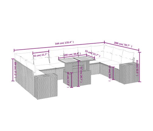 Set de sofás de jardín 11pzas con cojines ratán sintético beige