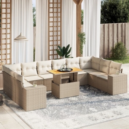Set de sofás de jardín 11pzas con cojines ratán sintético beige