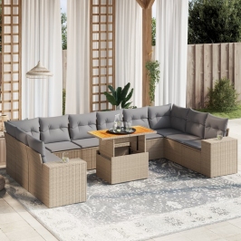 Set de sofás de jardín 11pzas con cojines ratán sintético beige