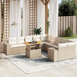 Set de sofás de jardín 11pzas con cojines ratán sintético beige