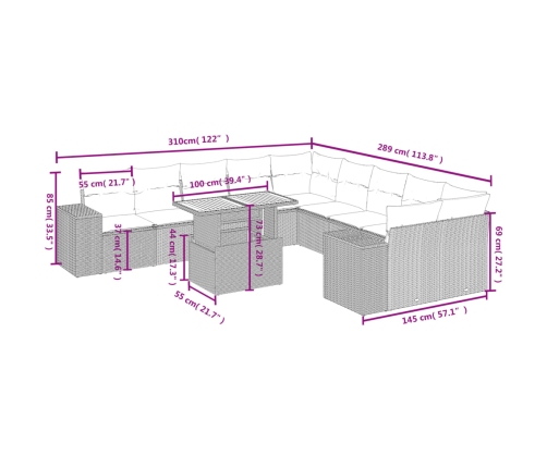 Set de sofás de jardín 11pzas con cojines ratán sintético beige