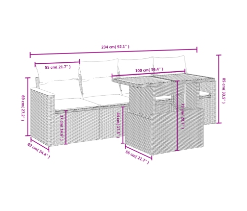 Set de muebles de jardín 5 pzas y cojines ratán sintético negro