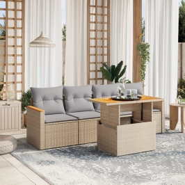 Juego de sofás jardín con cojines 5 pzas ratán sintético beige