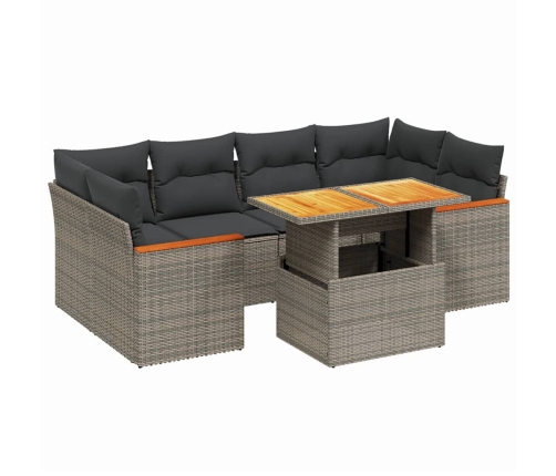Set de sofás de jardín 7 piezas con cojines ratán PE gris