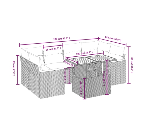 Set de sofás de jardín 7 piezas con cojines ratán PE gris