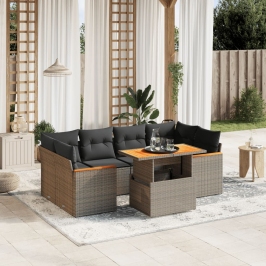 Set de sofás de jardín 7 piezas con cojines ratán PE gris