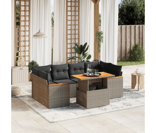 Set de sofás de jardín 7 piezas con cojines ratán PE gris