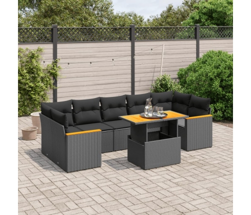 Set de sofás de jardín 8 piezas y cojines ratán sintético negro