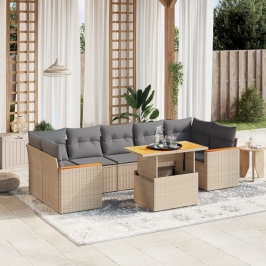 Juego de sofás de jardín con cojines beige 8 pzas ratán PE