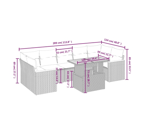 Set de sofás de jardín 8 pzas y cojines ratán sintético gris