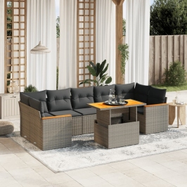 Set de sofás de jardín 8 pzas y cojines ratán sintético gris