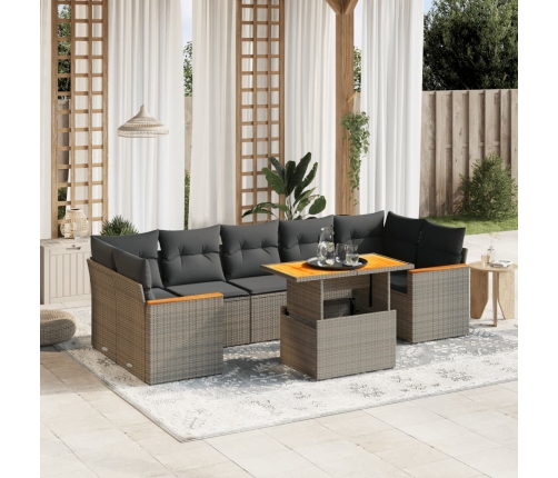 Set de sofás de jardín 8 pzas y cojines ratán sintético gris