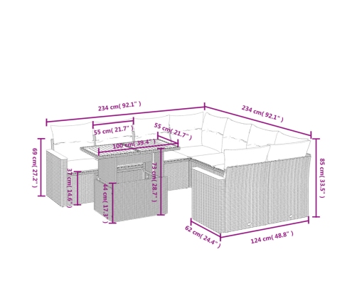 Set de sofás de jardín 9 pzas con cojines ratán sintético beige