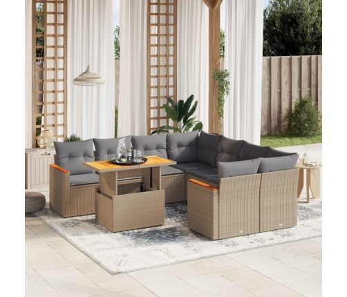 Set de sofás de jardín 9 pzas con cojines ratán sintético beige