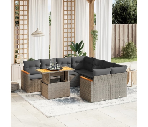 Set de muebles de jardín 9 pzas y cojines ratán sintético gris