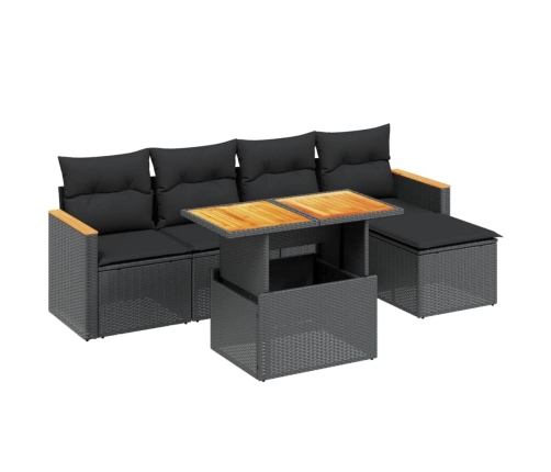 Set de sofás de jardín 6 piezas y cojines ratán sintético negro