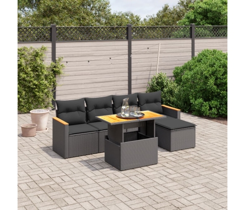Set de sofás de jardín 6 piezas y cojines ratán sintético negro