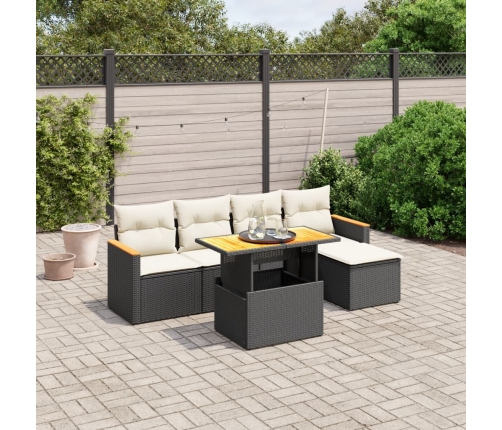 Set de sofás de jardín 6 piezas y cojines ratán sintético negro