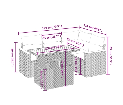 Set de muebles de jardín 5 pzas y cojines ratán sintético negro