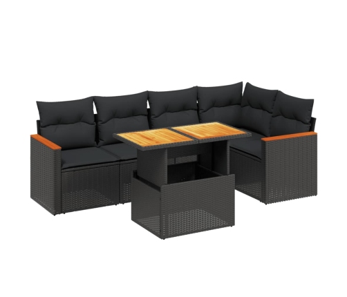 Set de sofás de jardín 6 piezas y cojines ratán sintético negro