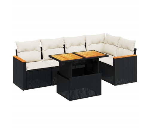 Set de sofás de jardín 6 piezas y cojines ratán sintético negro