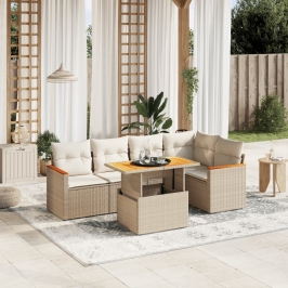 Juego de sofás jardín con cojines 6 pzas ratán sintético beige
