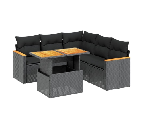 Set de sofás de jardín 6 piezas y cojines ratán sintético negro