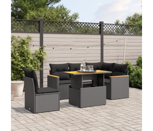Set de sofás de jardín 6 piezas y cojines ratán sintético negro